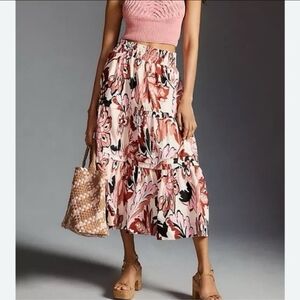 Anthropologie Somerset Tiered Floral Maxi Skirt Brown Black Pink Size XL
